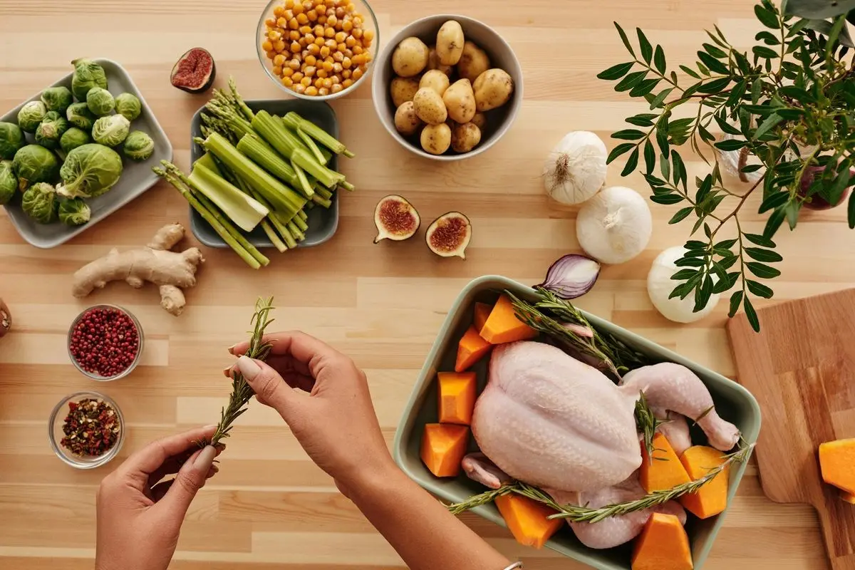 A person cooking a Thanksgiving dinner with chicken, pumpkins and various spices.