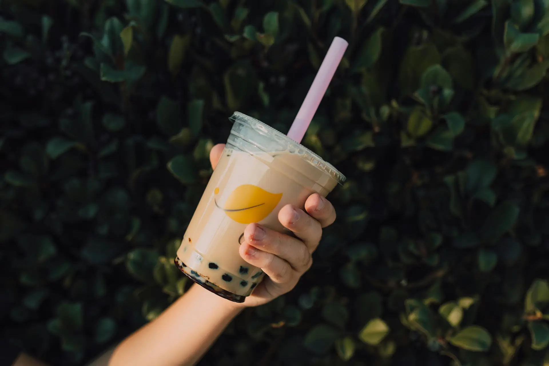 A person holding a cup of boba milk tea.