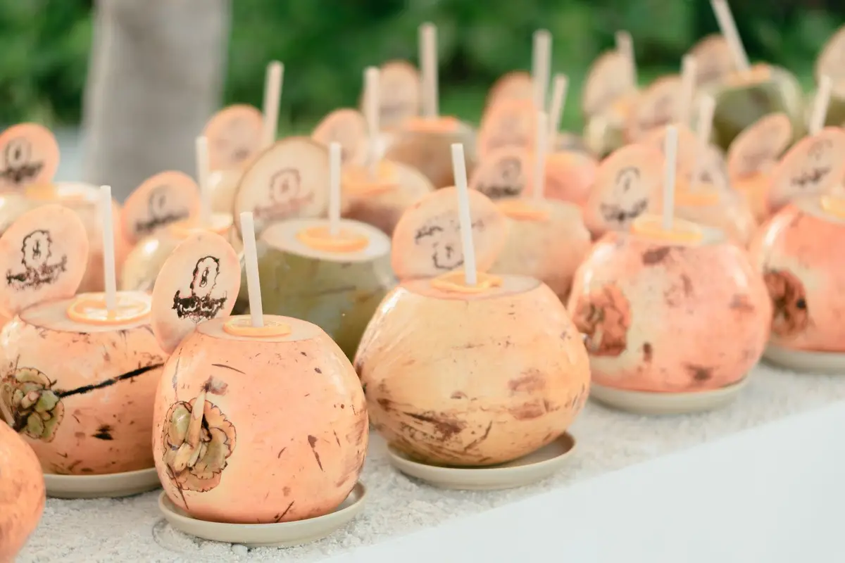 Fresh coconuts with straws, ready for drinking at a tropical outdoor event.
