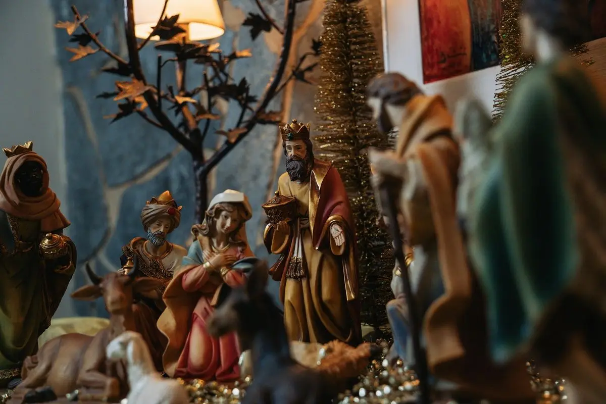 The nativity scene created with figurines including The Three Kings, Jesus, and Mary..