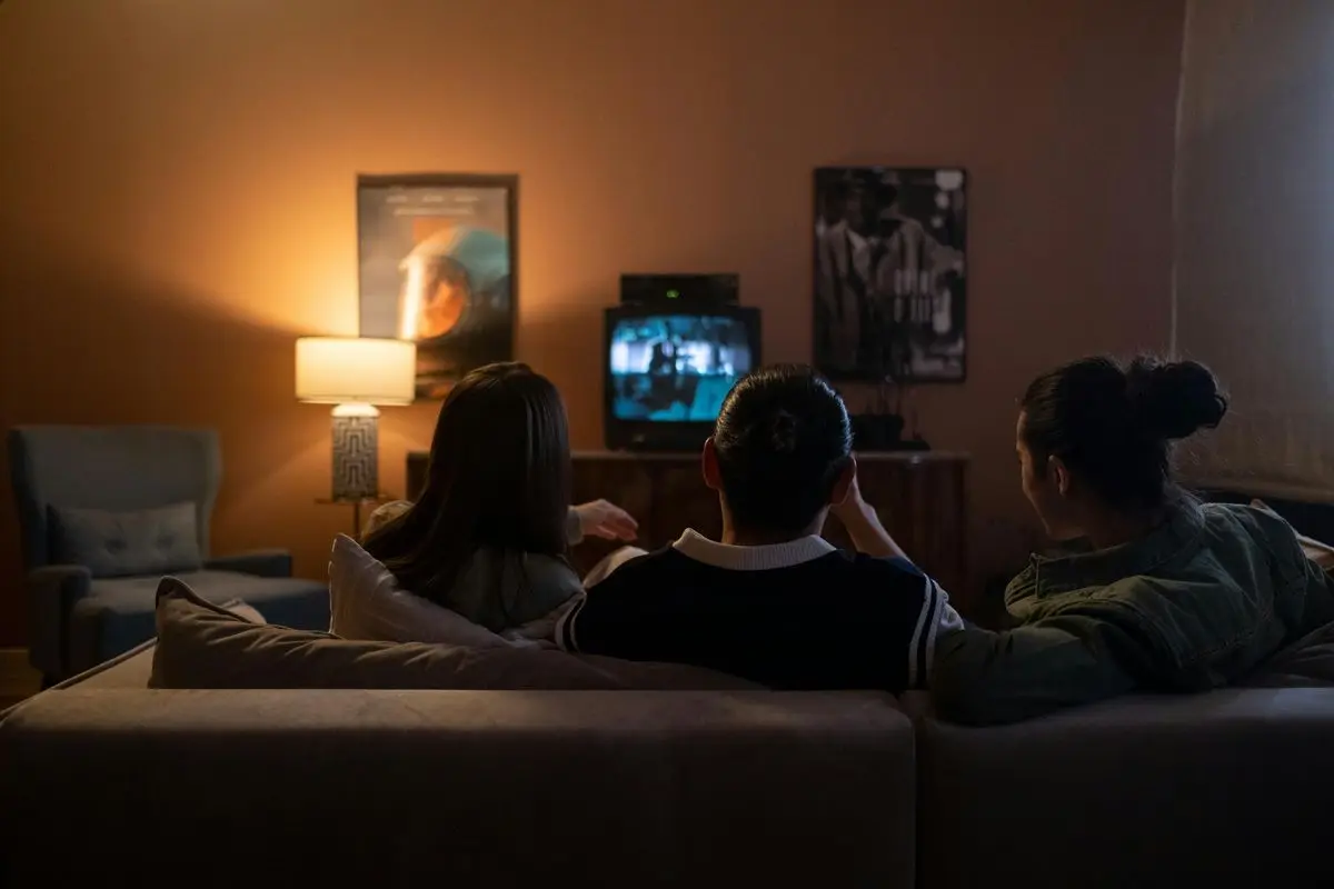Three people watching tv while sitting on the sofa.
