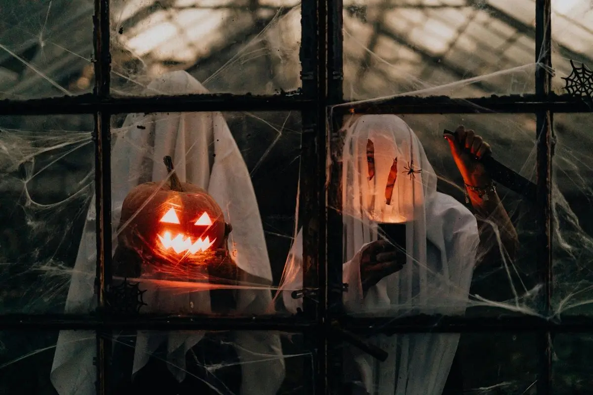 Halloween decorations with spooky lighting