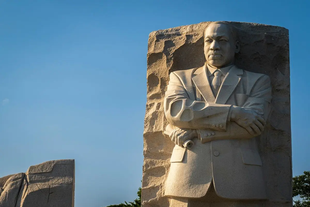 The Martin Luther King, Jr. Memorial is seen against a blue sky.