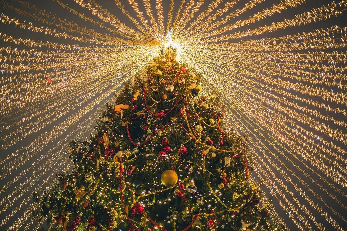 A fully decorated Christmas tree with different types of ornaments, decorations, and lit LED lights.