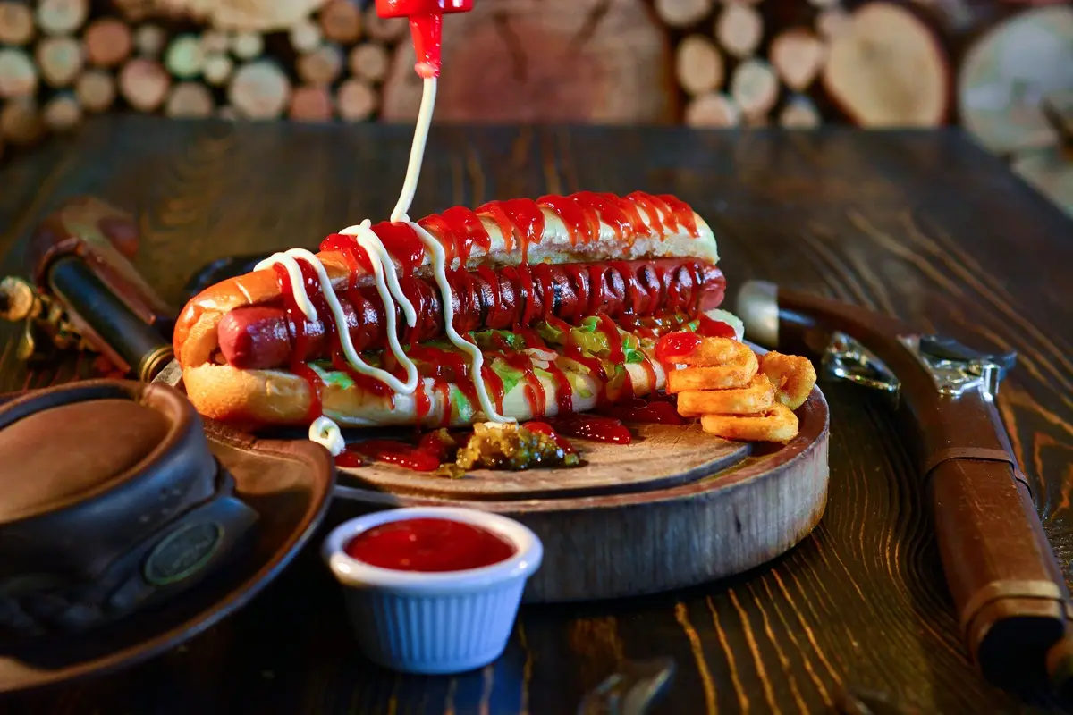 A mouth-watering hot dog with ketchup, mayonnaise, and pickles, served on a wooden plate.