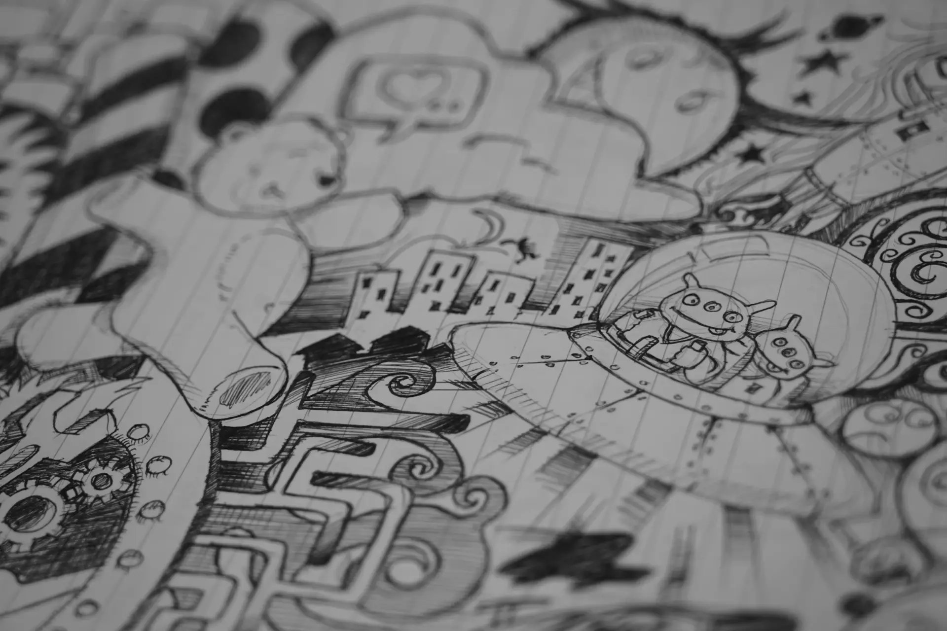 Drawing of ufo and aliens.