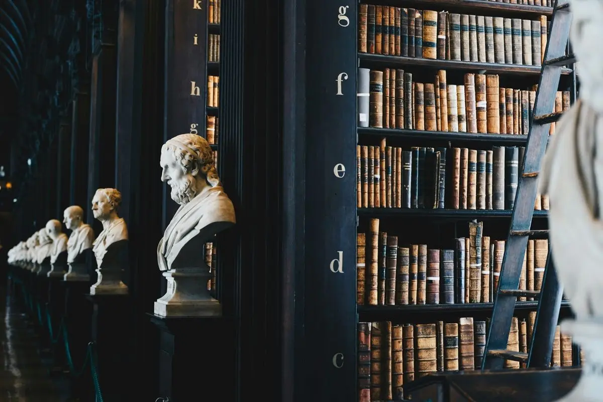 A library filled with black bookshelves, philosophers' busts, and books.