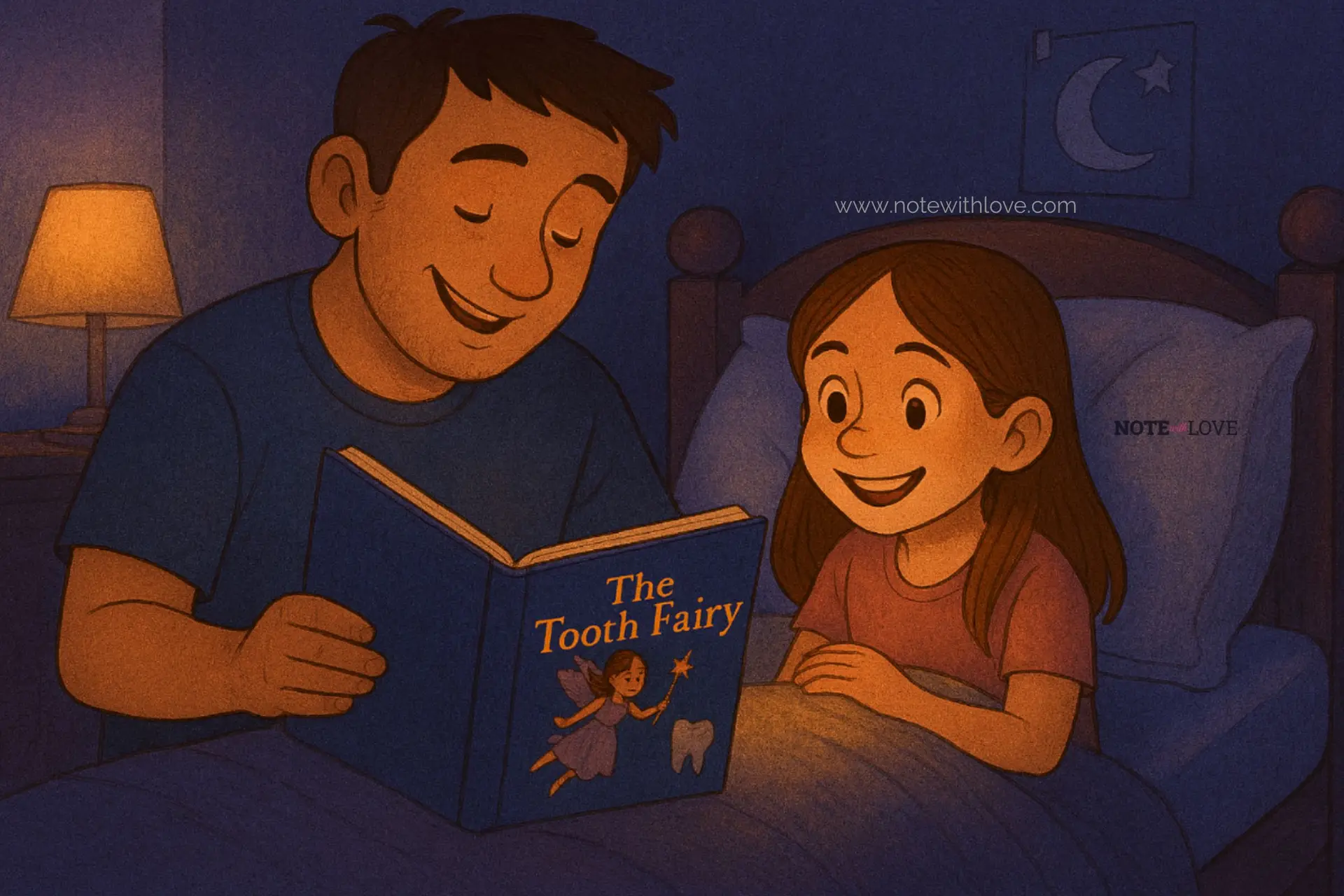 A father is reading fairy tale of the Tooth Fairy to his daughter as bedtime story.