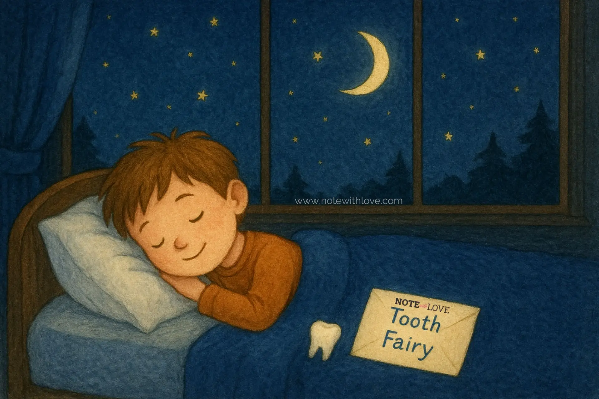 A boy sleeping with his lost tooth and a letter to the Tooth Fairy by his pillow.