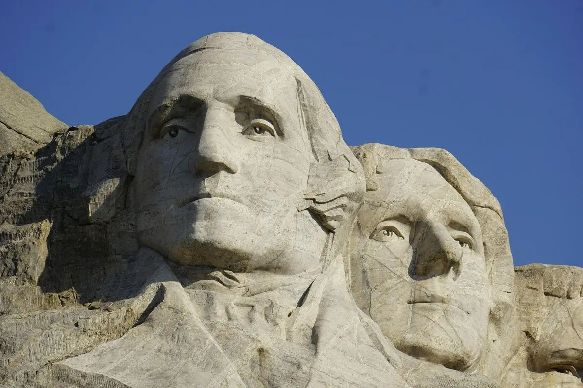 View of Mount Rushmore, showing the sculpted head of George Washington.