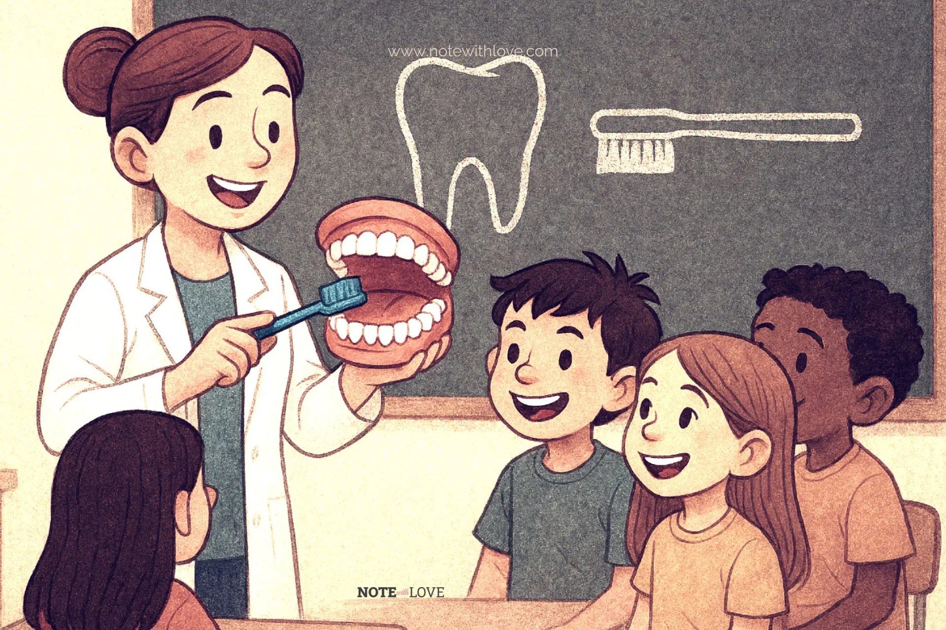 A dentist showing children how to brush teeth in a classroom on National Tooth Fairy Day.