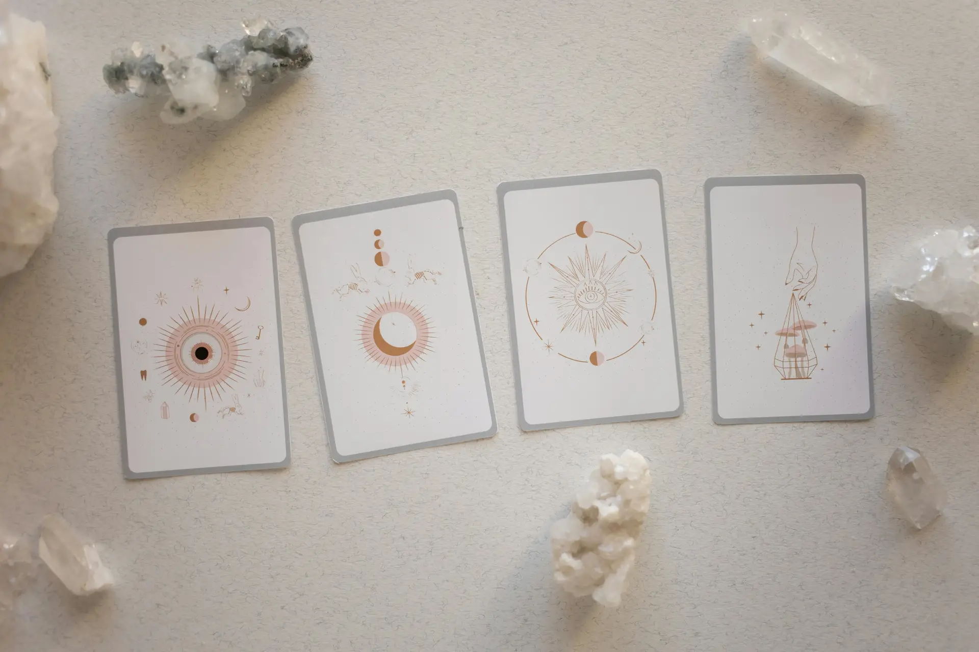 Top view of tarot cards and crystals