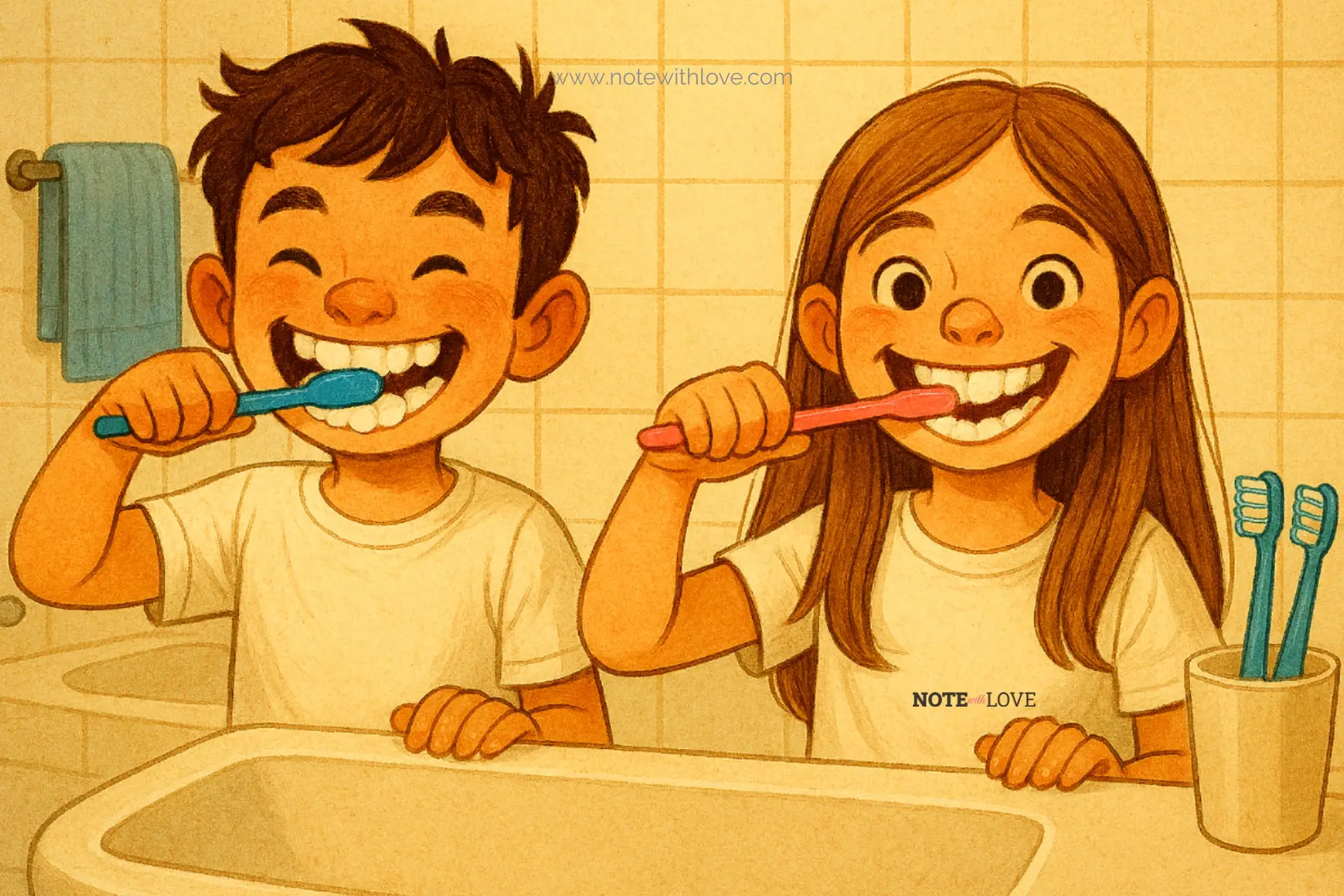 Kids brushing their teeth in the bathroom before going to bed.