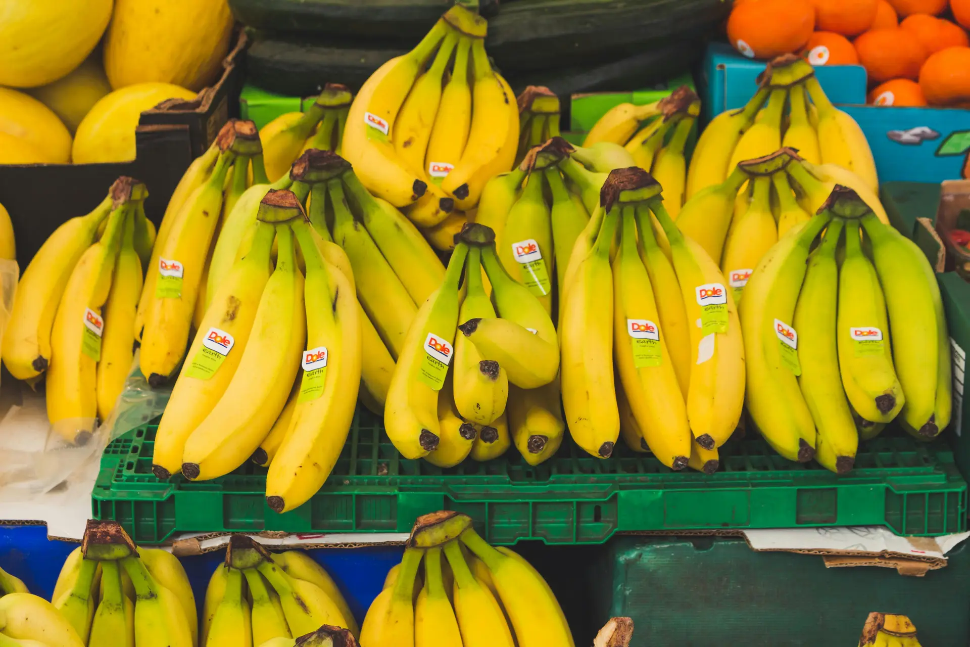 Bunch of bananas displayed in a grocery store.