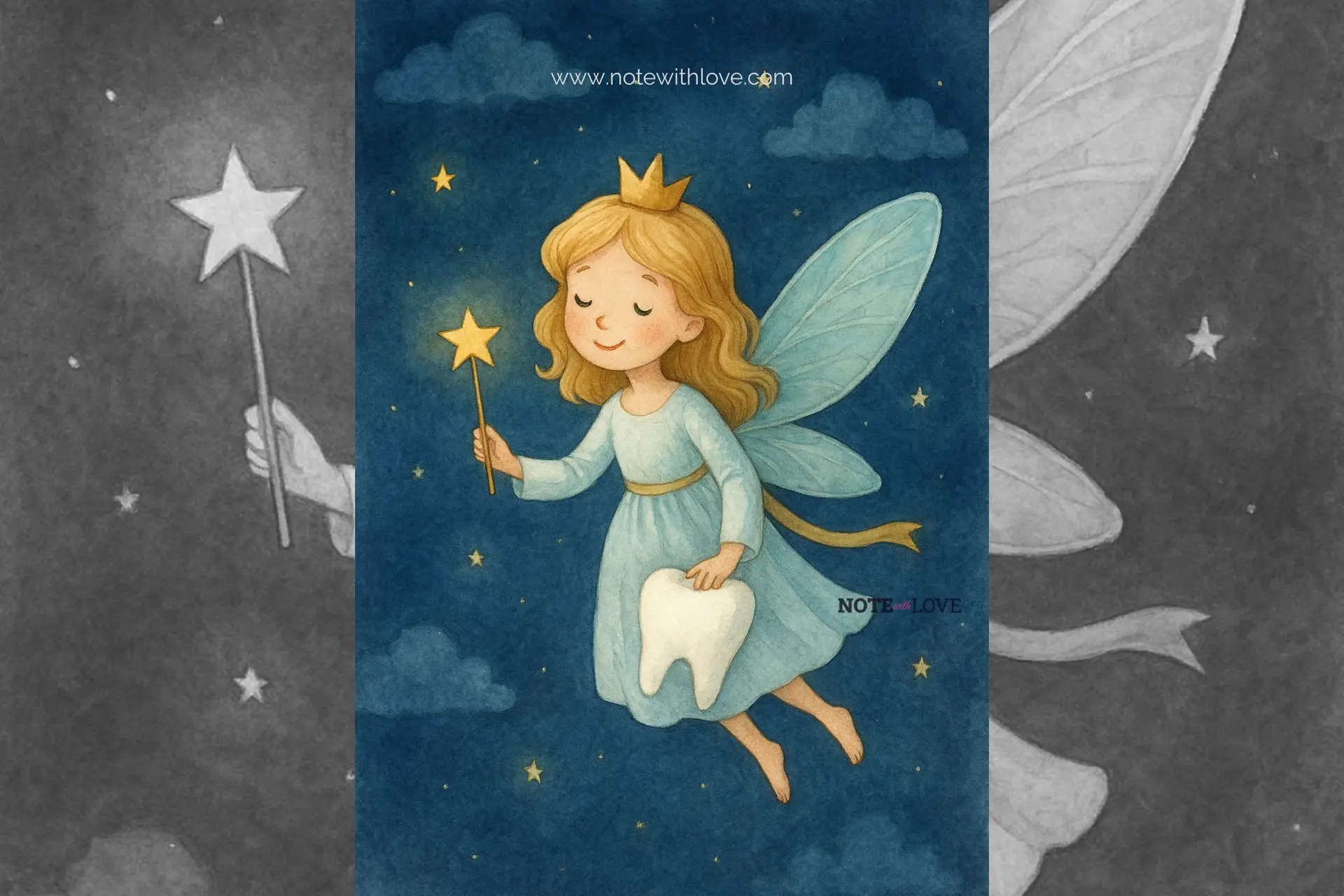 A tooth fairy depicted as a kind soul with a wand and a tooth in her hand.