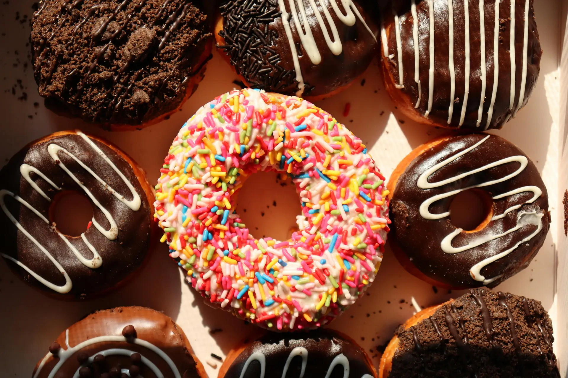 Top view of different types of donuts.