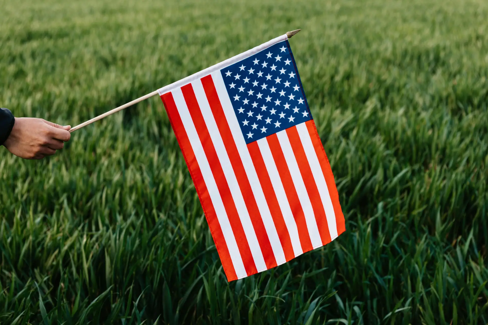 A hand holding the American flag front of a grass field.
