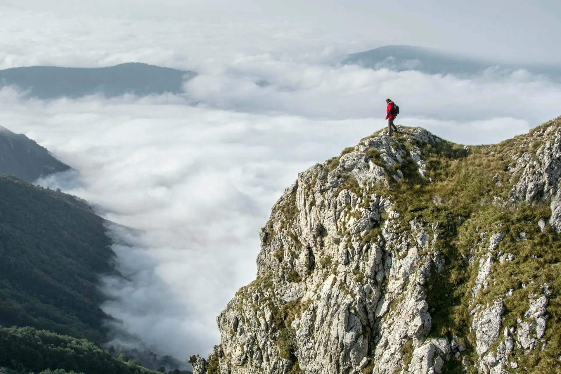 A person standing on a cliff of a mountain.