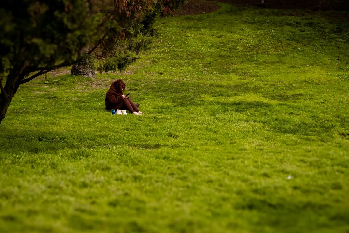 A woman enjoys a quiet moment in a lush green İstanbul park, surrounded by vibrant nature.