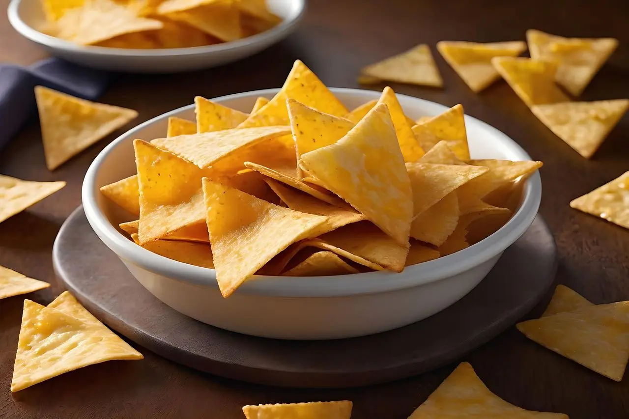 A lot of nacho chips in a white bowl on the table. There are a lot of nachos on the table as well.