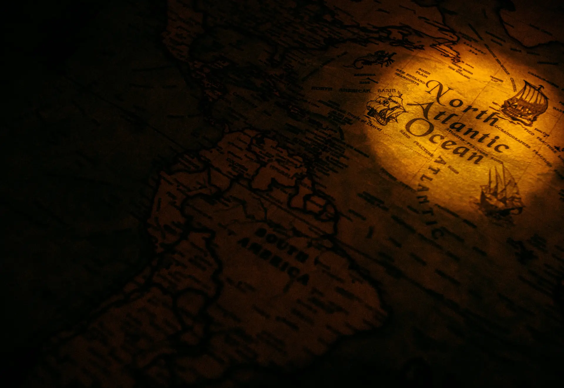 An old vintage map on which the North Atlantic Ocean is highlighted.