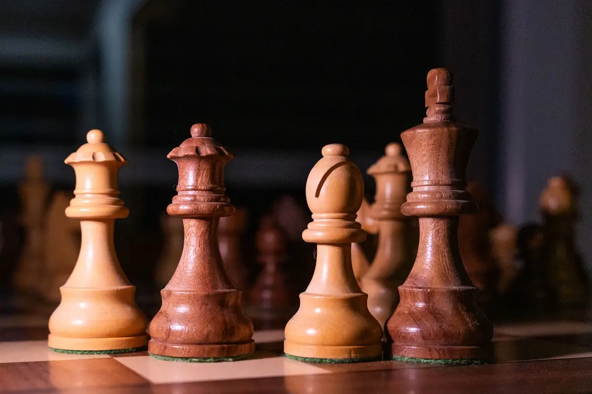Wooden chess pieces on a wooden chess board.