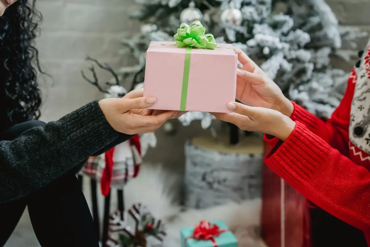 A person giving a Christmas gift to another person.