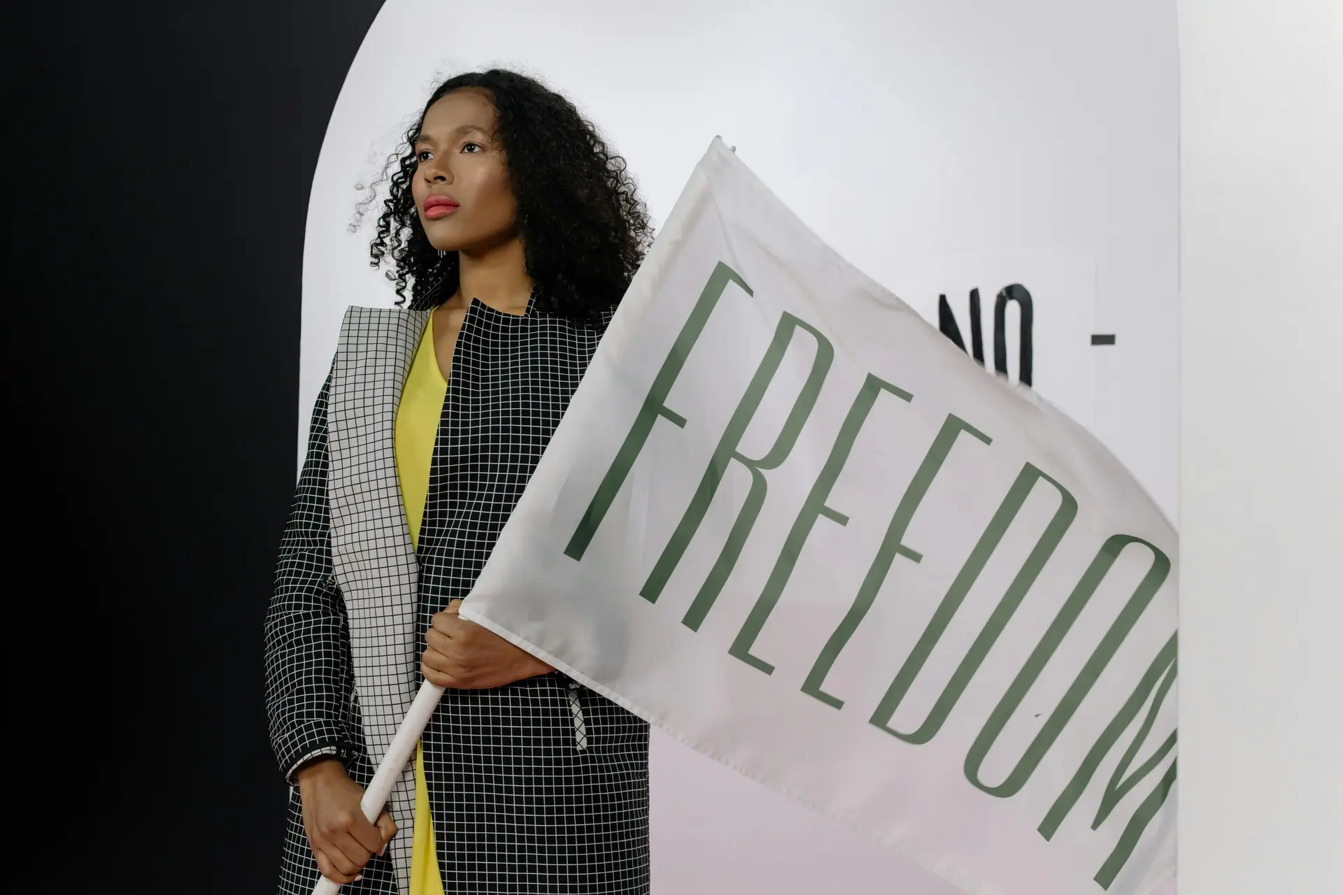 An African American female with a flag in her hand. On the flag there's one word 