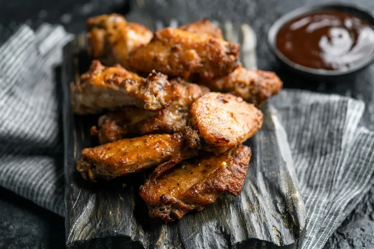 Delicious grilled chicken wings served on a rustic wooden board with dipping sauce.